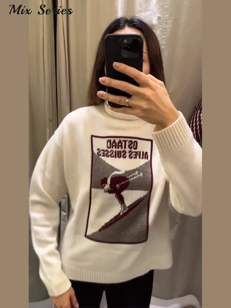 Vintage Ski Pattern Sweater Women's Loose Turtleneck Long Sleeve Knitting Warm Pullover 2026 Spring New Lady Fashion Streetwear image 5