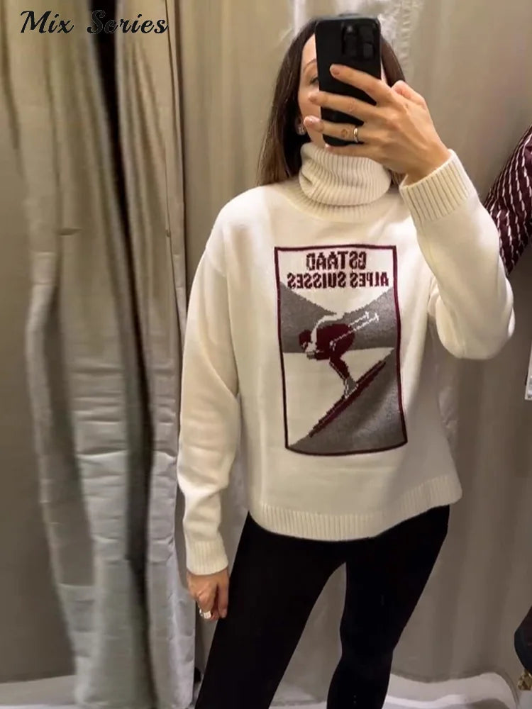 Vintage Ski Pattern Sweater Women's Loose Turtleneck Long Sleeve Knitting Warm Pullover 2026 Spring New Lady Fashion Streetwear image 3
