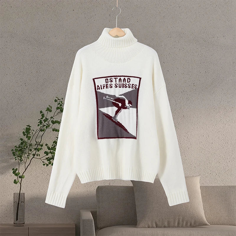Vintage Ski Pattern Sweater Women's Loose Turtleneck Long Sleeve Knitting Warm Pullover 2026 Spring New Lady Fashion Streetwear image 7