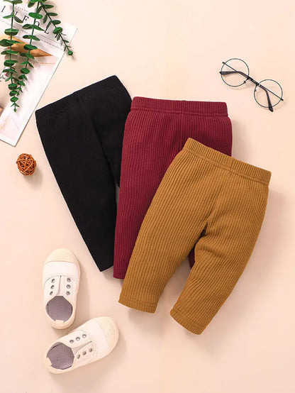3pcs Baby Girls Solid Ribbed Cotton Leggings Set