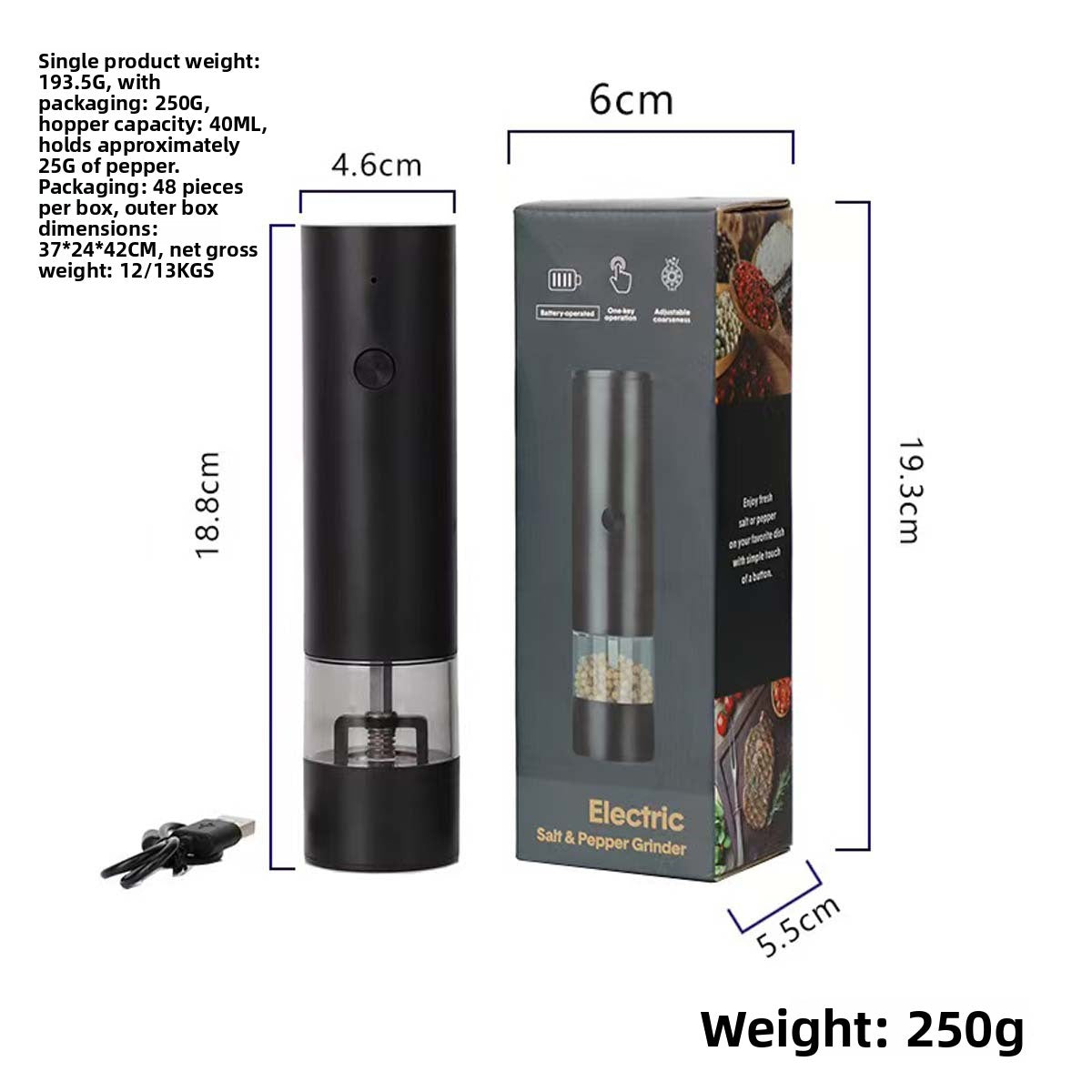Electric Pepper Grinder Adjustable Coarseness Stainless Steel Blades