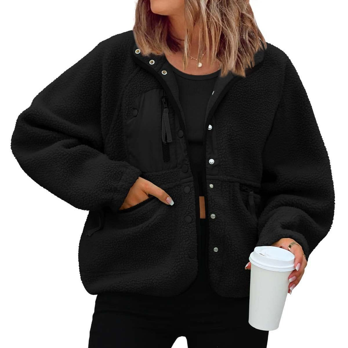 Women's woolen fleece button-down casual sport jacket