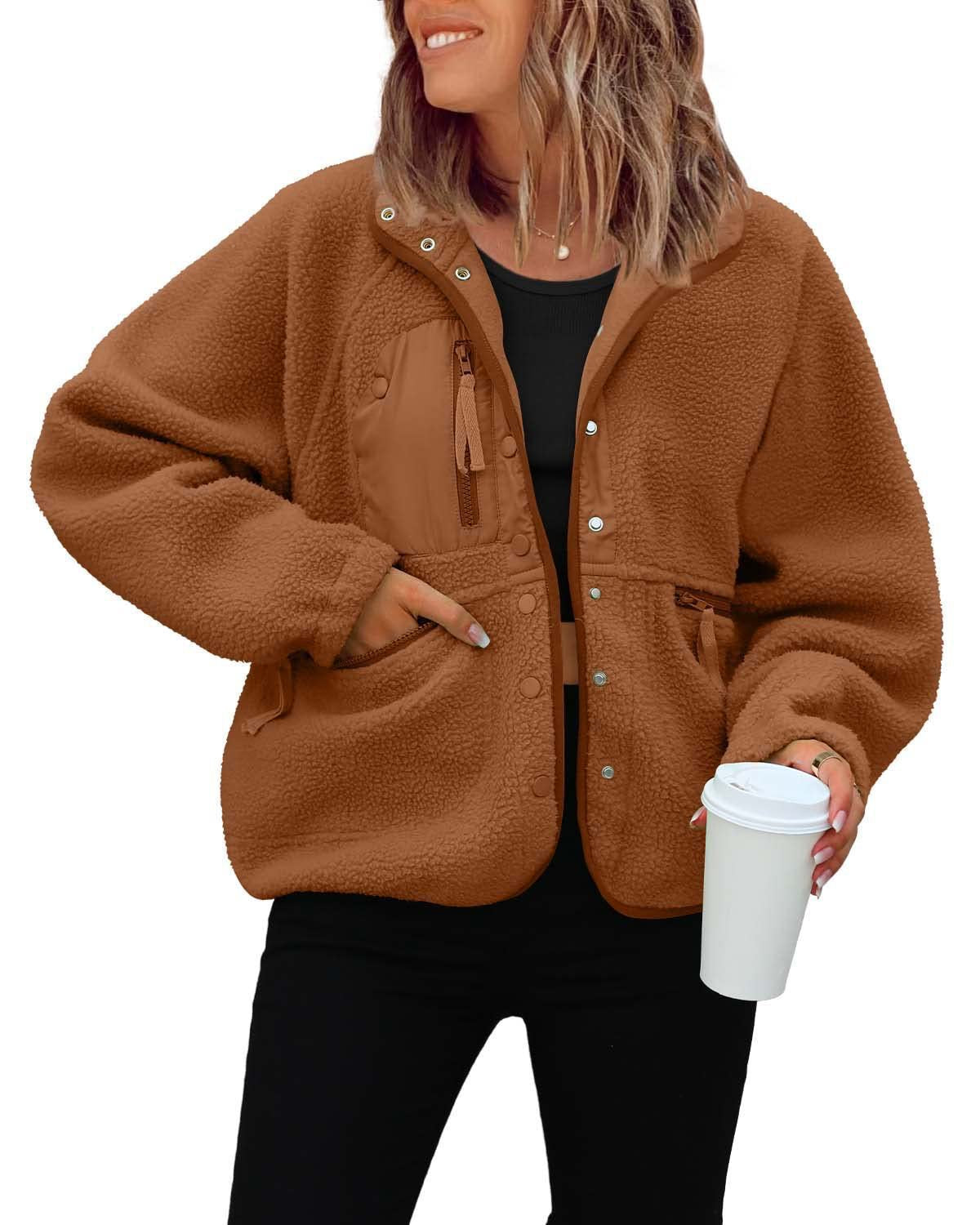 Women's woolen fleece button-down casual sport jacket