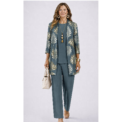 Womens Casual Printed Cardigan Long Sleeve Top and Pants Set