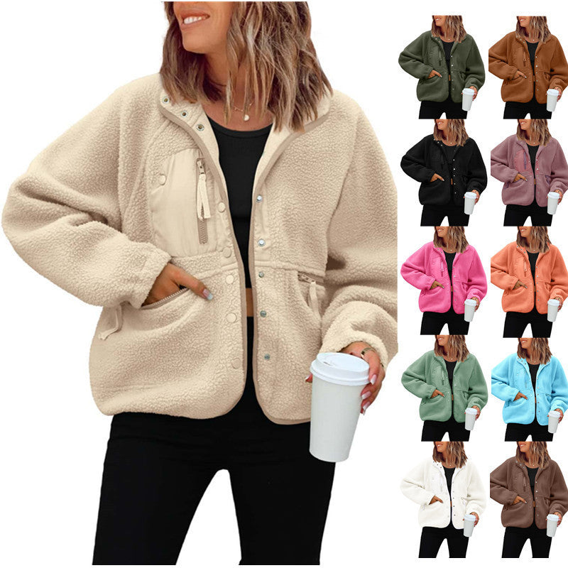 Women's woolen fleece button-down casual sport jacket