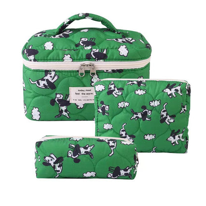 Quilted Cotton Floral Print Makeup Bag with Large Capacity for Travel