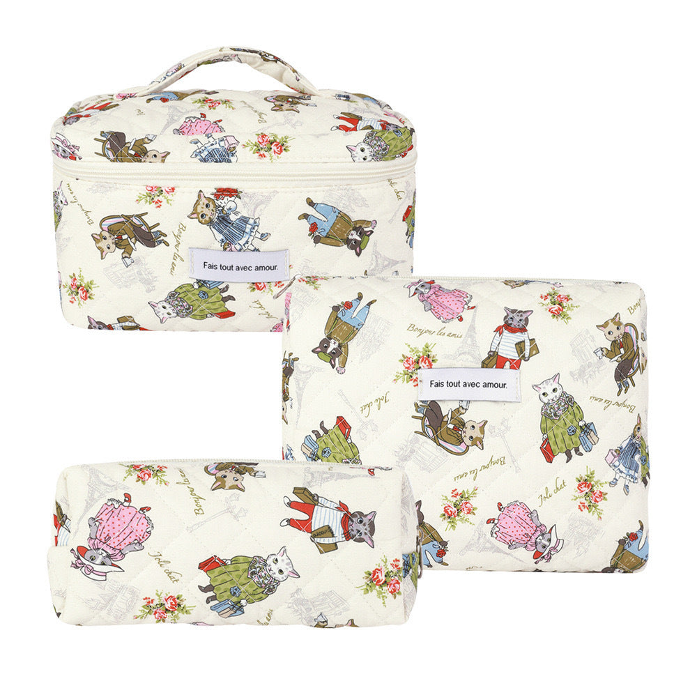 Quilted Cotton Floral Print Makeup Bag with Large Capacity for Travel
