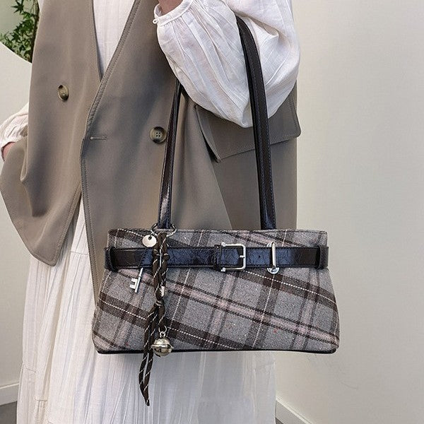 Textured Plaid Chain Shoulder Bag