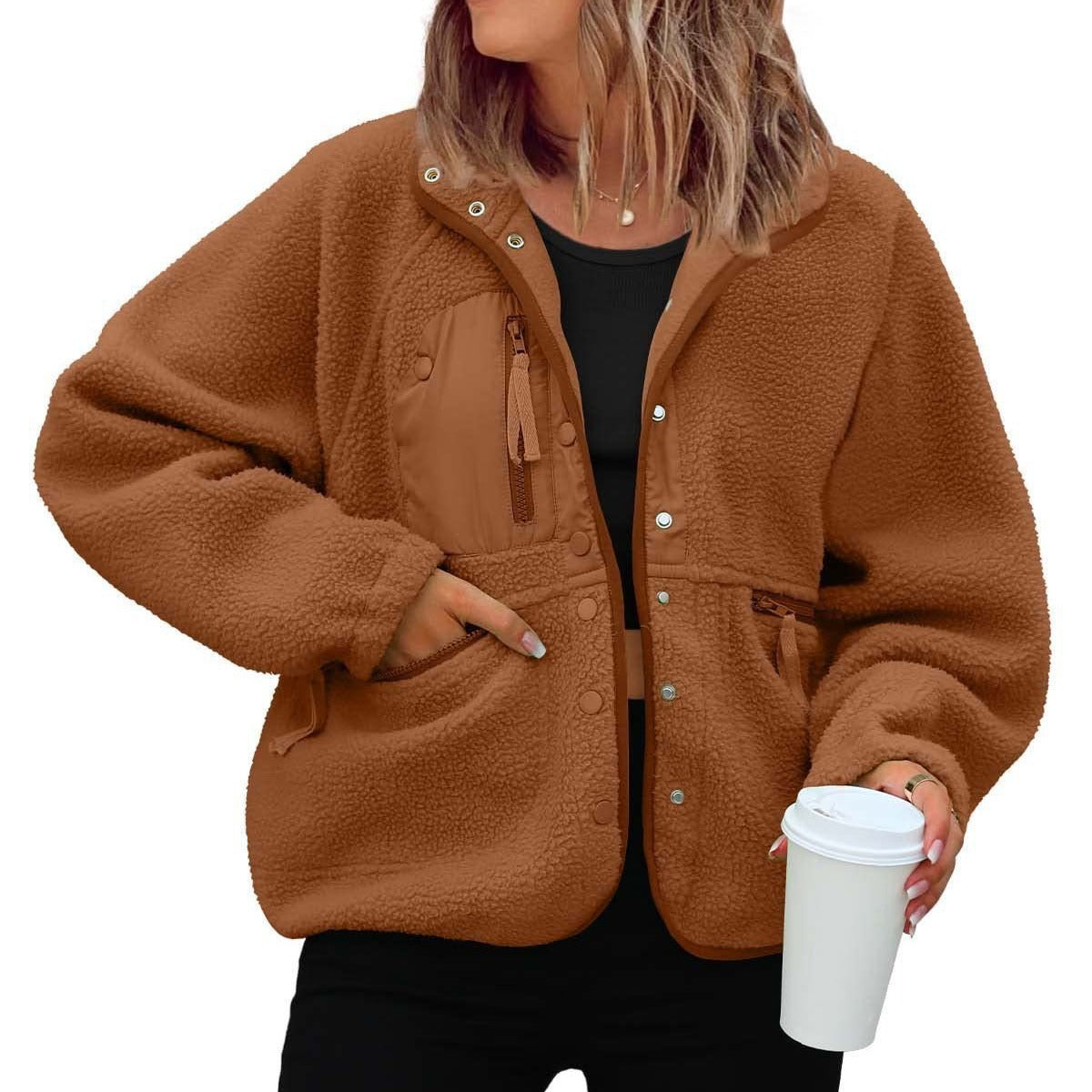 Women's woolen fleece button-down casual sport jacket