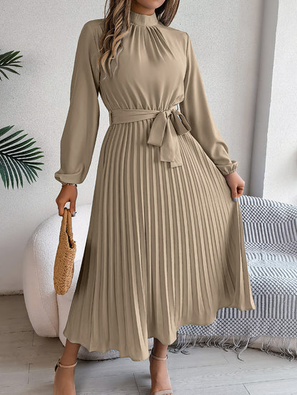 Elegant Stand Collar Pleated Long Dress