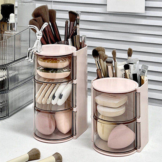 Rotating Makeup Brush Organizer with Powder Puff Storage