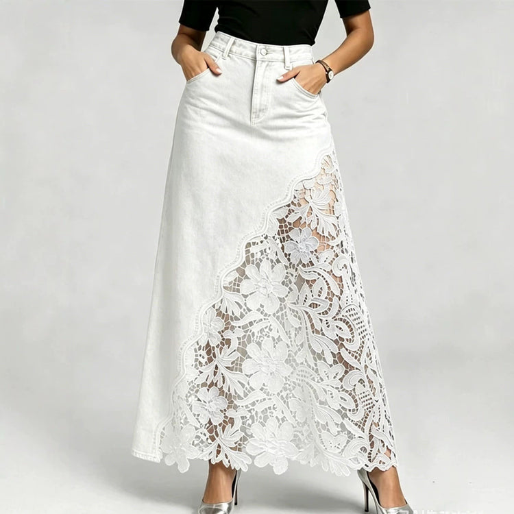 Lace Trim Denim Midi Skirt