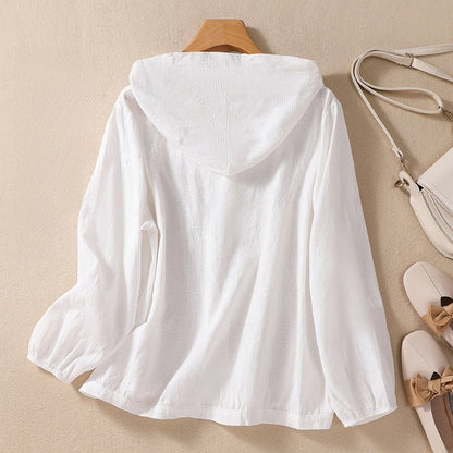 Cotton and Linen Shirts for Women in Spring and Autumn, Large Size Loose Shirts for Plus-Size Women, Hooded Cardigans, Long-Sleeved Tops, Casual and Versatile - RAINSTAR
