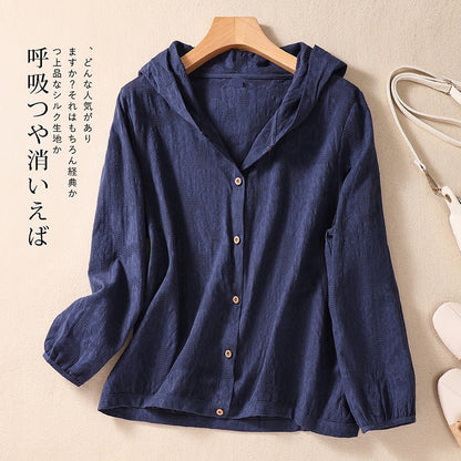 Cotton and Linen Shirts for Women in Spring and Autumn, Large Size Loose Shirts for Plus-Size Women, Hooded Cardigans, Long-Sleeved Tops, Casual and Versatile - RAINSTAR