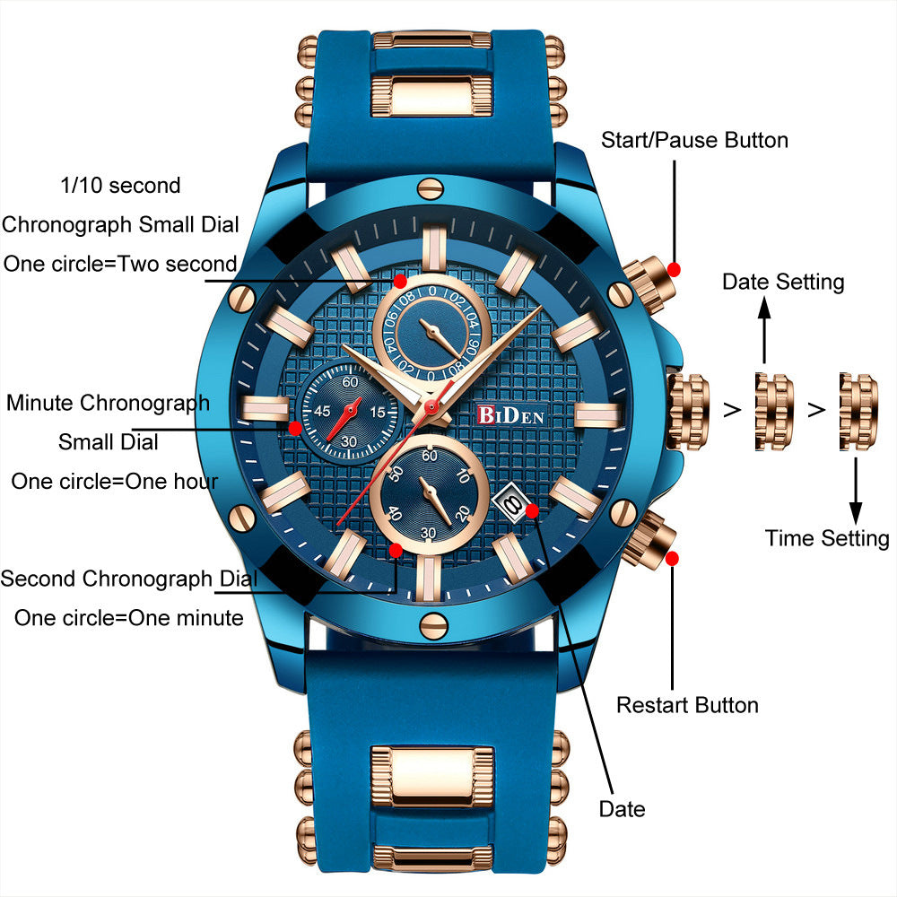 Fashionable Waterproof Three-Eye Quartz Men's Watch