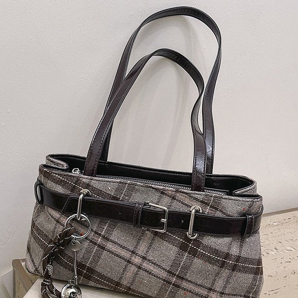 Textured Plaid Chain Shoulder Bag