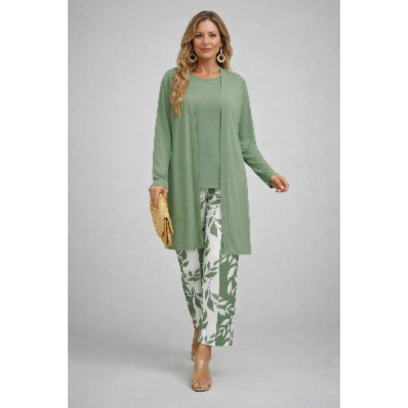 Womens Casual Printed Cardigan Long Sleeve Top and Pants Set