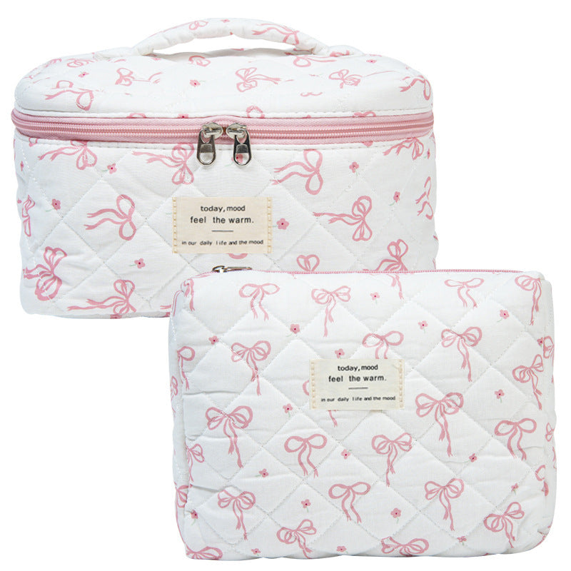 Quilted Cotton Floral Print Makeup Bag with Large Capacity for Travel
