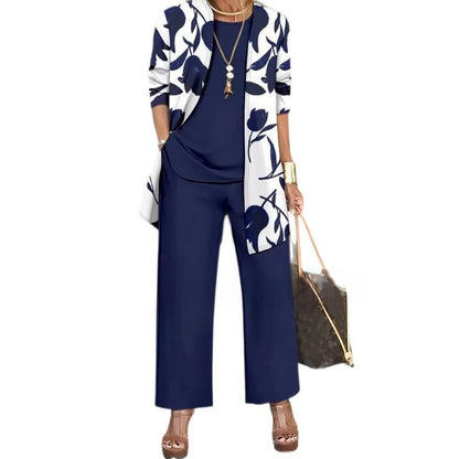Womens Casual Printed Cardigan Long Sleeve Top and Pants Set