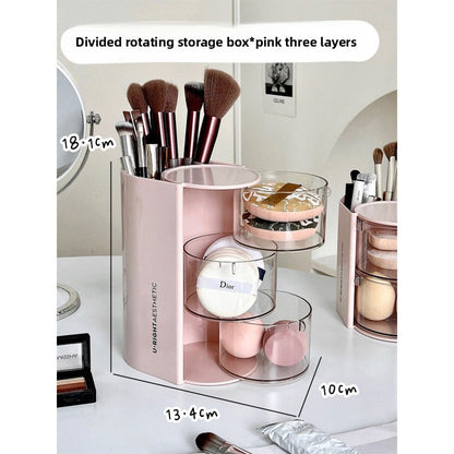 Rotating Makeup Brush Organizer with Powder Puff Storage