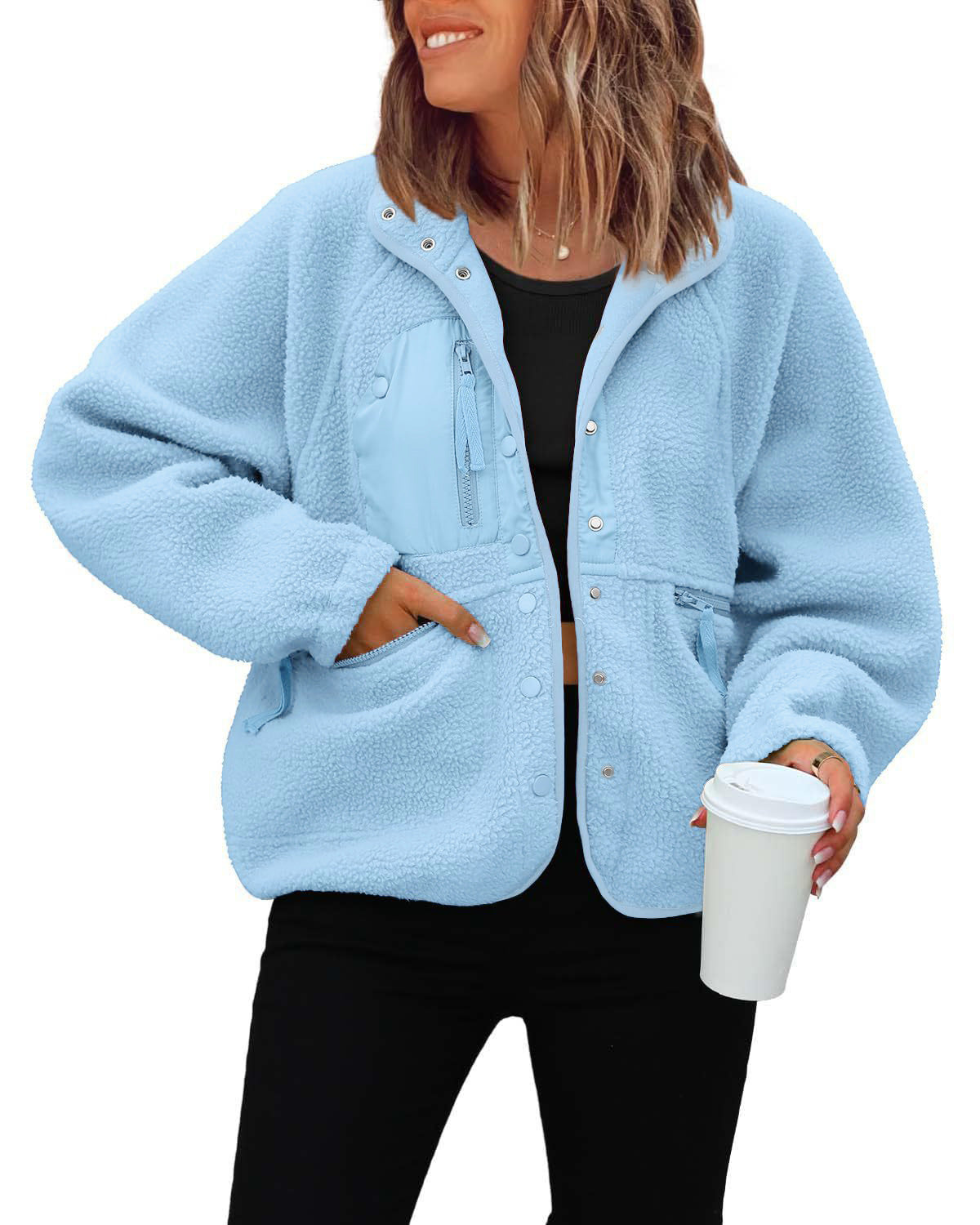 Women's woolen fleece button-down casual sport jacket