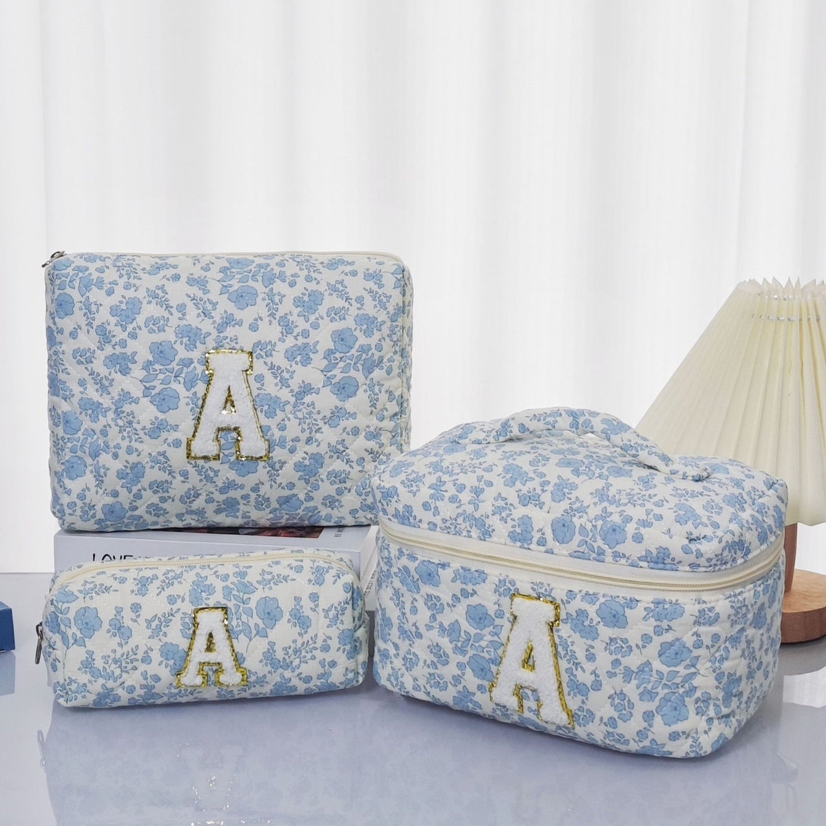 Quilted Cotton Floral Print Makeup Bag with Large Capacity for Travel