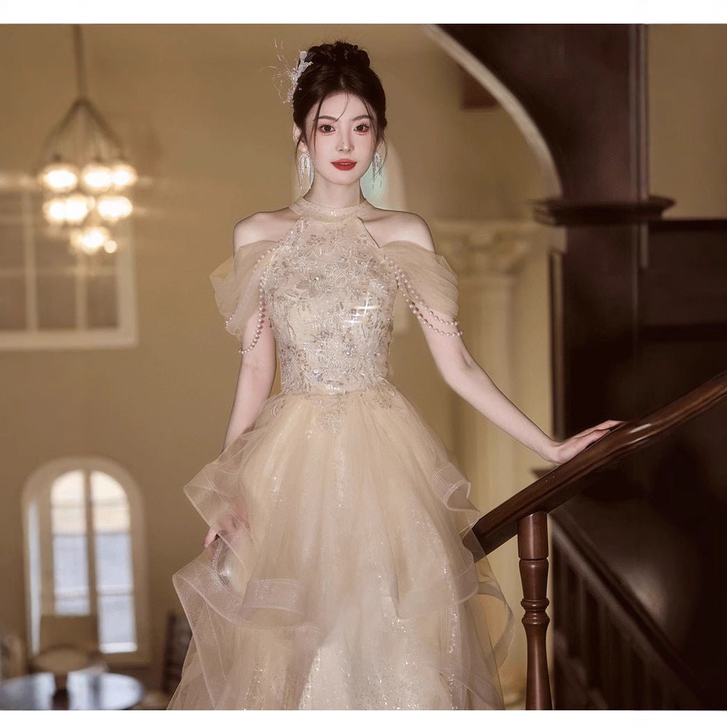 Elegant Champagne Halter Neck Long Evening Dress - RAINSTAR