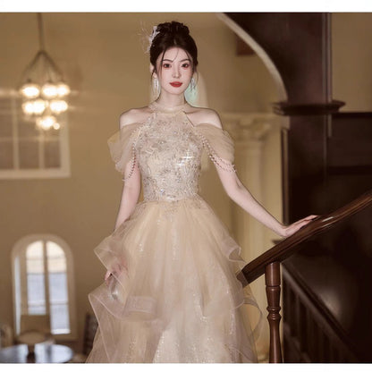 Elegant Champagne Halter Neck Long Evening Dress - RAINSTAR