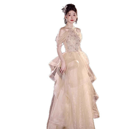 Elegant Champagne Halter Neck Long Evening Dress - RAINSTAR