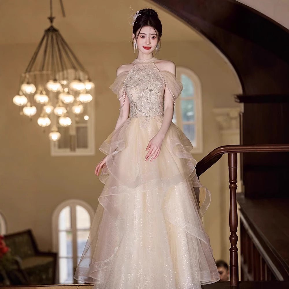 Elegant Champagne Halter Neck Long Evening Dress - RAINSTAR