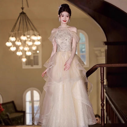 Elegant Champagne Halter Neck Long Evening Dress - RAINSTAR