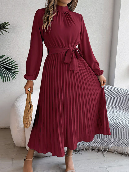 Elegant Stand Collar Pleated Long Dress - RAINSTAR
