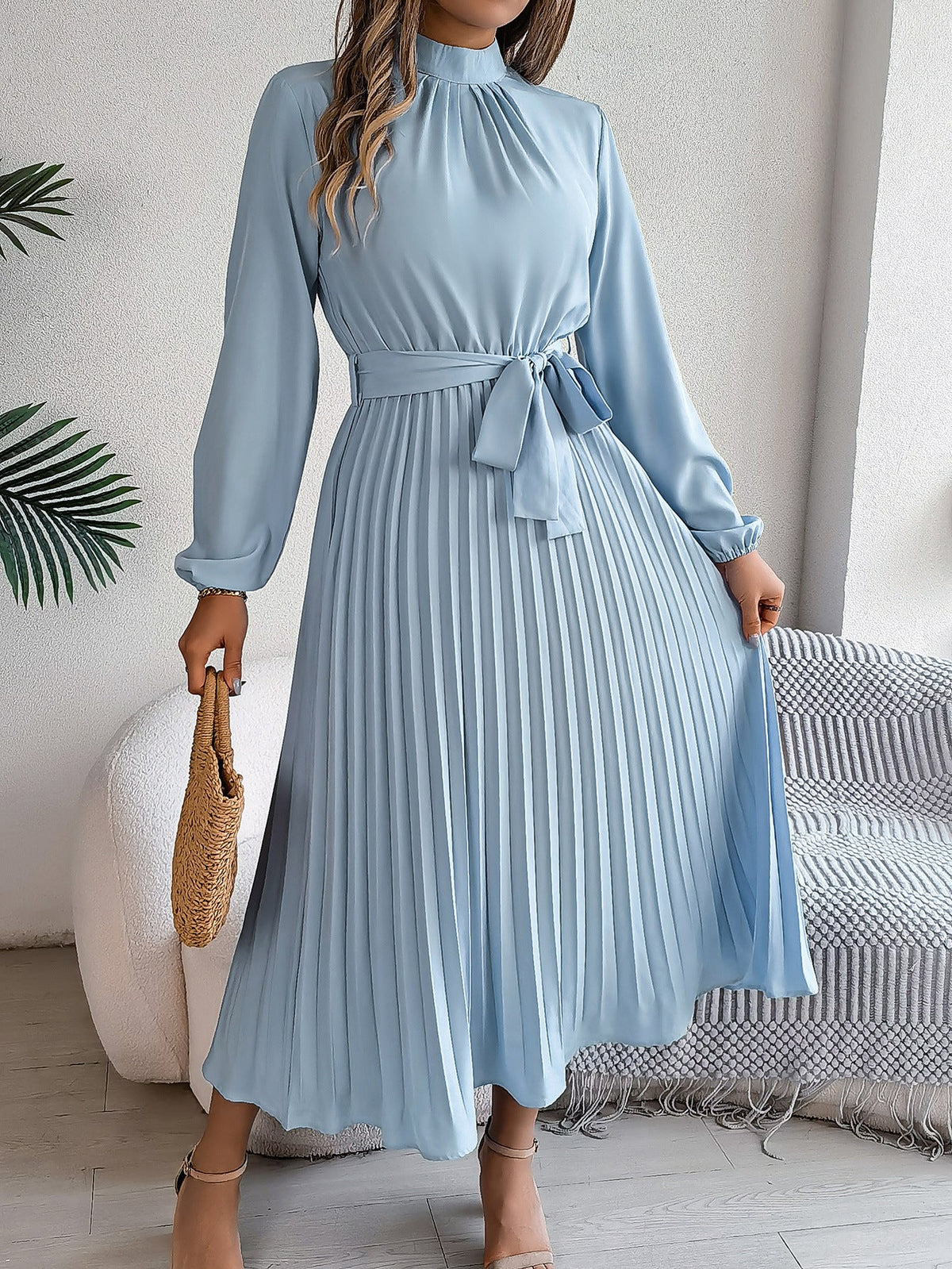 Elegant Stand Collar Pleated Long Dress - RAINSTAR