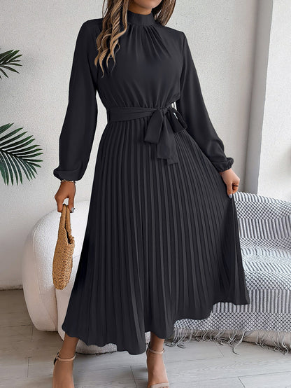Elegant Stand Collar Pleated Long Dress - RAINSTAR