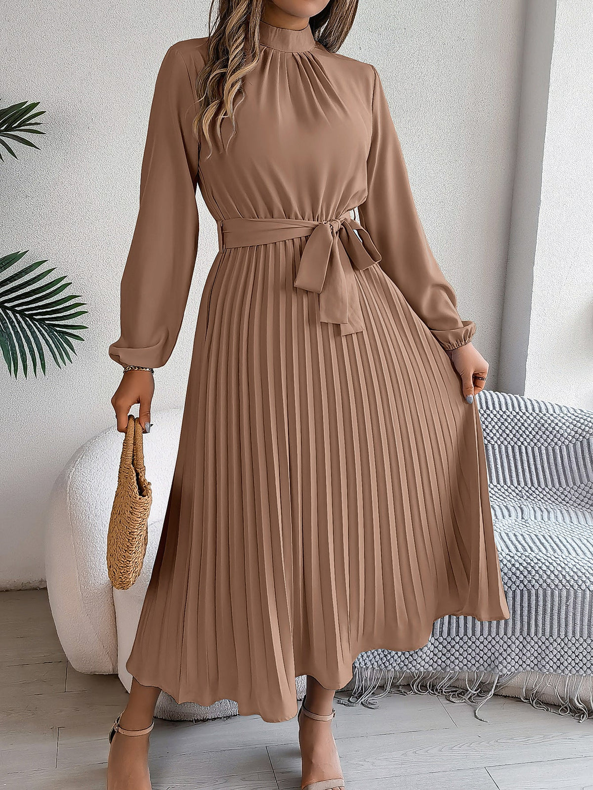 Elegant Stand Collar Pleated Long Dress - RAINSTAR