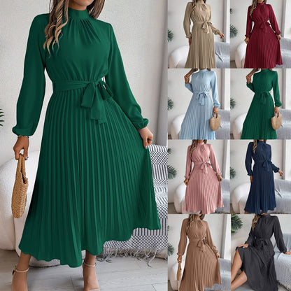 Elegant Stand Collar Pleated Long Dress - RAINSTAR