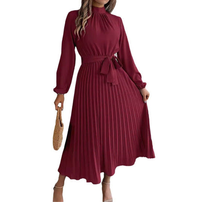 Elegant Stand Collar Pleated Long Dress - RAINSTAR