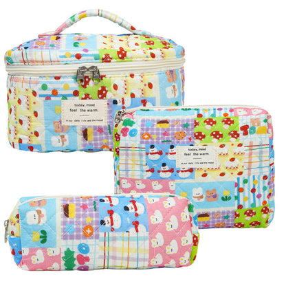 Quilted Cotton Floral Print Makeup Bag with Large Capacity for Travel