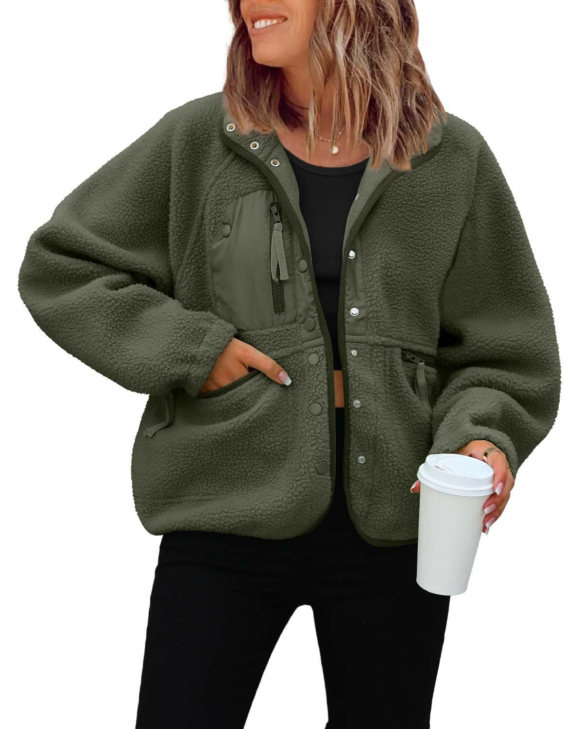 Women's woolen fleece button-down casual sport jacket