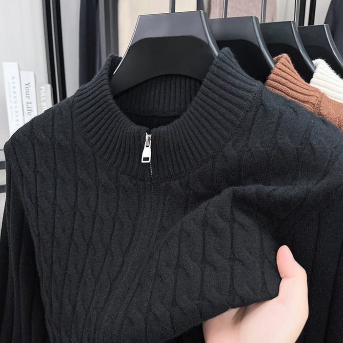 Men's button-down thick knitted cardigan with zipper closure