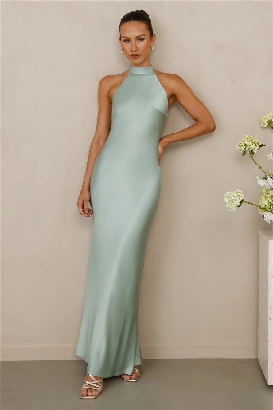 Halter Neck Satin Long Dress for Women - RAINSTAR