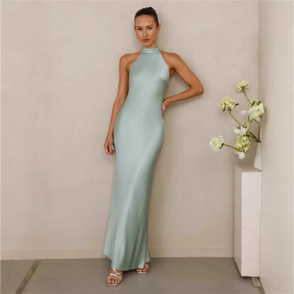Halter Neck Satin Long Dress for Women - RAINSTAR