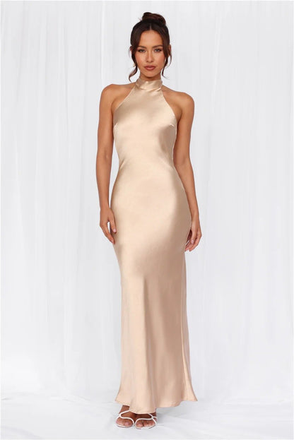 Halter Neck Satin Long Dress for Women - RAINSTAR