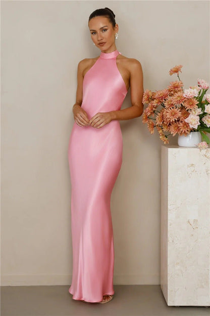 Halter Neck Satin Long Dress for Women - RAINSTAR