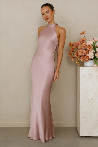 Halter Neck Satin Long Dress for Women - RAINSTAR
