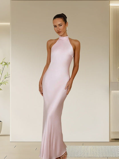 Halter Neck Satin Long Dress for Women - RAINSTAR