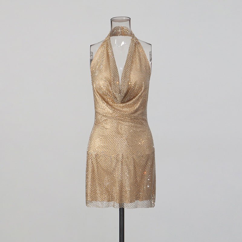 Lady's glittering diamond-studded V-neck backless short dress with d�colletage - RAINSTAR