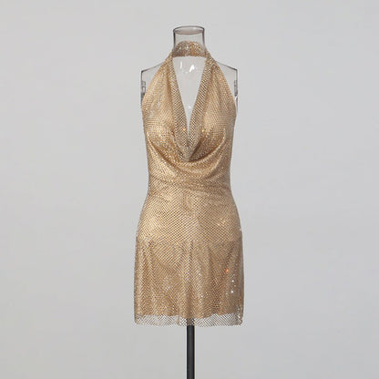 Lady's glittering diamond-studded V-neck backless short dress with d�colletage - RAINSTAR