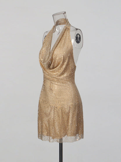 Lady's glittering diamond-studded V-neck backless short dress with d�colletage - RAINSTAR