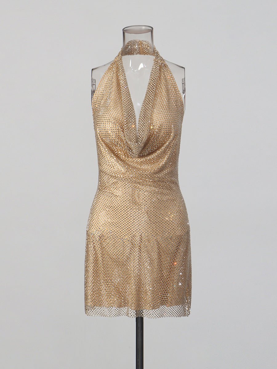 Lady's glittering diamond-studded V-neck backless short dress with d�colletage - RAINSTAR